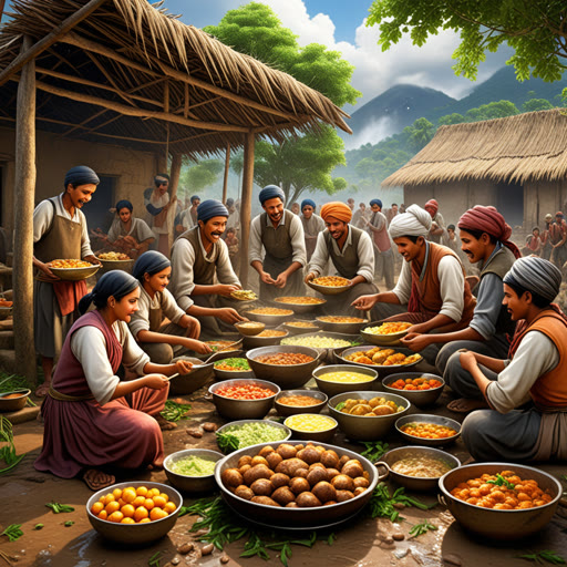 កាលពីមុន គឺមានភូមិមួយដែលមានភាពបរិនីត preparing សម្រាប់ការបរិច្ឆេទប្រចាំឆ្នាំ។ សមាជិកភូមិបានធ្វើការយ៉ាងខ្លាំង ដើម្បីចម្អិនម្ហូបសម្បើមគ្រប់យ៉ាង។ ពេលដែលការបរិច្ឆេទចាប់ផ្តើម ពួកគេមានមោទនភាពអំពីការងាររបស់ពួកគេ។ ប៉ុន្តែមានព្យុះភ្លៀងភ្លាមៗមួយបានសន្យាបំផ្លាញកម្មវិធី។ សមាជិកភូមិសរុបតាមគ្នា ហើយបានយកម្ហូបនិងការតាំងសំព្វទៅកន្លែងជ្រកភ្លាមៗ។ ការសហការរបស់ពួកគេសង្គ្រោះការបរិច្ឆេទទុក ហើយអនុញ្ញាតឱ្យពួកគេចូលរួមសំរាមងដោយគ្នា ទោះបីជាម៉ោនភ្លៀងក៏ដោយ។