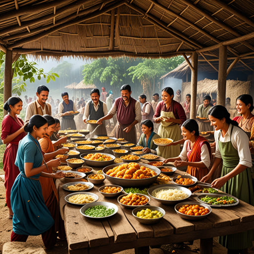 កាលពីមុន គឺមានភូមិមួយដែលមានភាពបរិនីត preparing សម្រាប់ការបរិច្ឆេទប្រចាំឆ្នាំ។ សមាជិកភូមិបានធ្វើការយ៉ាងខ្លាំង ដើម្បីចម្អិនម្ហូបសម្បើមគ្រប់យ៉ាង។ ពេលដែលការបរិច្ឆេទចាប់ផ្តើម ពួកគេមានមោទនភាពអំពីការងាររបស់ពួកគេ។ ប៉ុន្តែមានព្យុះភ្លៀងភ្លាមៗមួយបានសន្យាបំផ្លាញកម្មវិធី។ សមាជិកភូមិសរុបតាមគ្នា ហើយបានយកម្ហូបនិងការតាំងសំព្វទៅកន្លែងជ្រកភ្លាមៗ។ ការសហការរបស់ពួកគេសង្គ្រោះការបរិច្ឆេទទុក ហើយអនុញ្ញាតឱ្យពួកគេចូលរួមសំរាមងដោយគ្នា ទោះបីជាម៉ោនភ្លៀងក៏ដោយ។