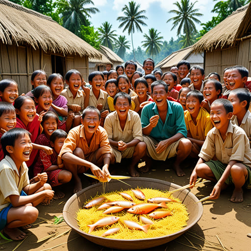 នៅភូមិមួយដ៏រសើប គ្រប់គ្នាសុខចិត្តថាការងារតូចៗរបស់ពួកគេបានរួមគ្នាបង្កើតផលប្រយោជន៍ធំមួយ។ មានថ្ងៃភ្ជុំផ្លូវមួយកំពុងជាជម្រើស ចំពោះអ្នកនៅភូមិទាំងអស់នាពេលនោះបានចូលរួមអ្វីមួយ។ មនុស្សម្នាក់បាននាំផ្តល់អង្ករ ខណៈដែលអ្នកផ្សេងទៀតបានផ្ដល់សាច់ត្រី។ នៅចុងបញ្ចប់ ការចូលរួមរបស់ពួកគេបានជួយបង្កើតមេរៀនមួយដ៏ស្រស់ស្អាត ដែលជាមួយនឹងការដួងចិត្តនិងសុភមង្គលជារូបភាពក្នុងខ្យល់។