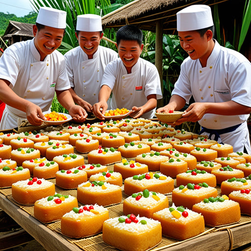 ក្នុងភូមិស្នូរមួយ មានពិធីបុណ្យដ៏ឈ្មោះល្បីមួយដែលមាននំអង្ករស្អិត។ ហើយរៀងរាល់ឆ្នាំ ប្រជាពលរដ្ឋតែងតែសមរម្យមកបច្ចុប្បន្ននៅពិធីនេះ ដើម្បីធ្វើអាហារស្អិតទាំងនេះ។ មួយឆ្នាំ មានក្មេងម្នាក់ឈ្លាស បានសម្រេចចិត្តបន្ថែមសំភារៈមួយដដែល។ គាត់បានបន្ដោលផ្លែ tropical ដែលបង្កើតនិន្នាការស្អិតមួយសំរាប។ ពេលនំបានសេវា បង្រៀនប្រជាជនប្រជាជាតិបានវិវរឡើងពីរសាលា ឲ្យគេគិតថានៅកន្លែងណា។ ក្មេងនោះក្លាយជាជនជាតិគេសួស្តីដោយសារ ឱ្យគាត់ប្រសប់តាមអំណោយមិនធម្មតា ហើយពិធីបុណ្យត្រូវបានជាធាតុដ៏ល្អឥតខ្ចោះ។