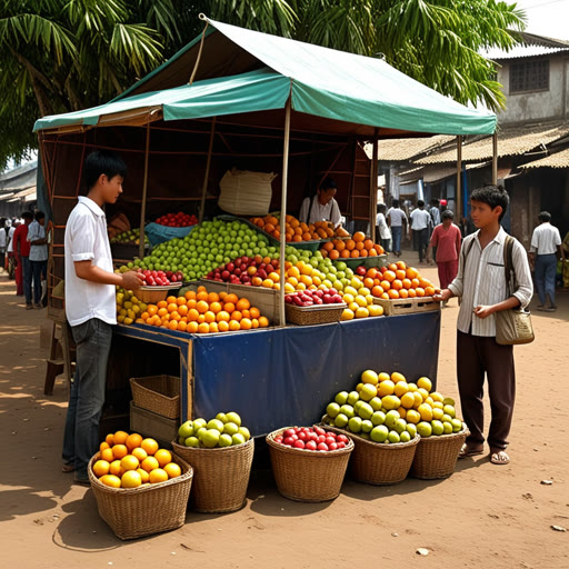 កាលពីបុរាណមួយ មានភូមិមួយស្រឡាញ់ក្មេងម្នាក់ឈ្មោះសាំ មានកន្លែងលក់ផ្លែឈើតូចមួយ។ មួយថ្ងៃឡើងក្តៅ កម្ពស់ក្តៅបានធ្វើឲ្យកន្លែងលក់របស់គាត់ឈប់ ហើយគាត់មិនអាចលក់អ្វីបានទេ។ ناگរ នៅកន្លែងនោះ មានអ្នកធ្វើដំណើរម្នាក់បានចូរឮនិងផ្តល់យុទ្ធសាស្ត្រតទៅលាក់ស្តានផ្លែឈើ។ ដោយធ្វើតាមយុទ្ធសាស្ត្រនោះ សាំបានរកឃើញផ្លូវដែលរវជា និងបានដាក់បញ្ចូលកន្លែងលក់នៅទីនោះ។ ផ្លែឈើរបស់គាត់ត្រូវបានលក់យ៉ាងรวន ដោយសារតែការត្រលប់សម្រាប់កញ្ចង់សង្គិតរបស់គាត់។